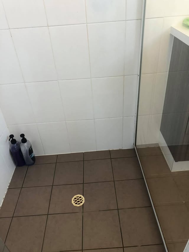The same shower corner after cleaning, with white tiles and clean grout