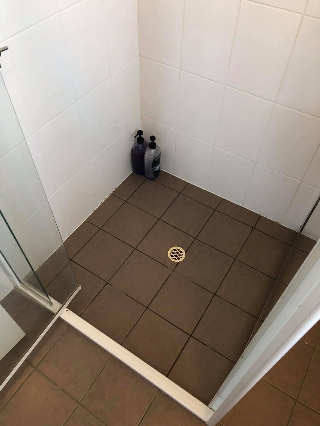 Shower recess after cleaning, with clean floor tiles and drain